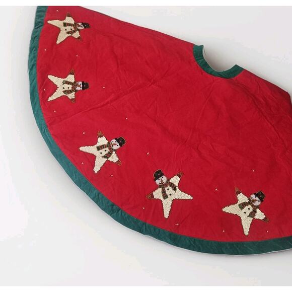 Vtg HANDMADE Christmas Felt Tree Skirt Sequins Beaded Snowman Star Retro 52" - Picture 1 of 7